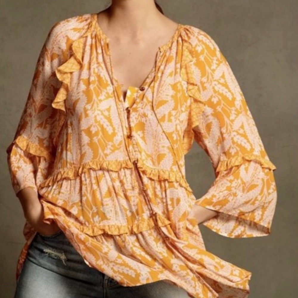 Anthropologie Yellow Floral Ruffle Peasant Blouse